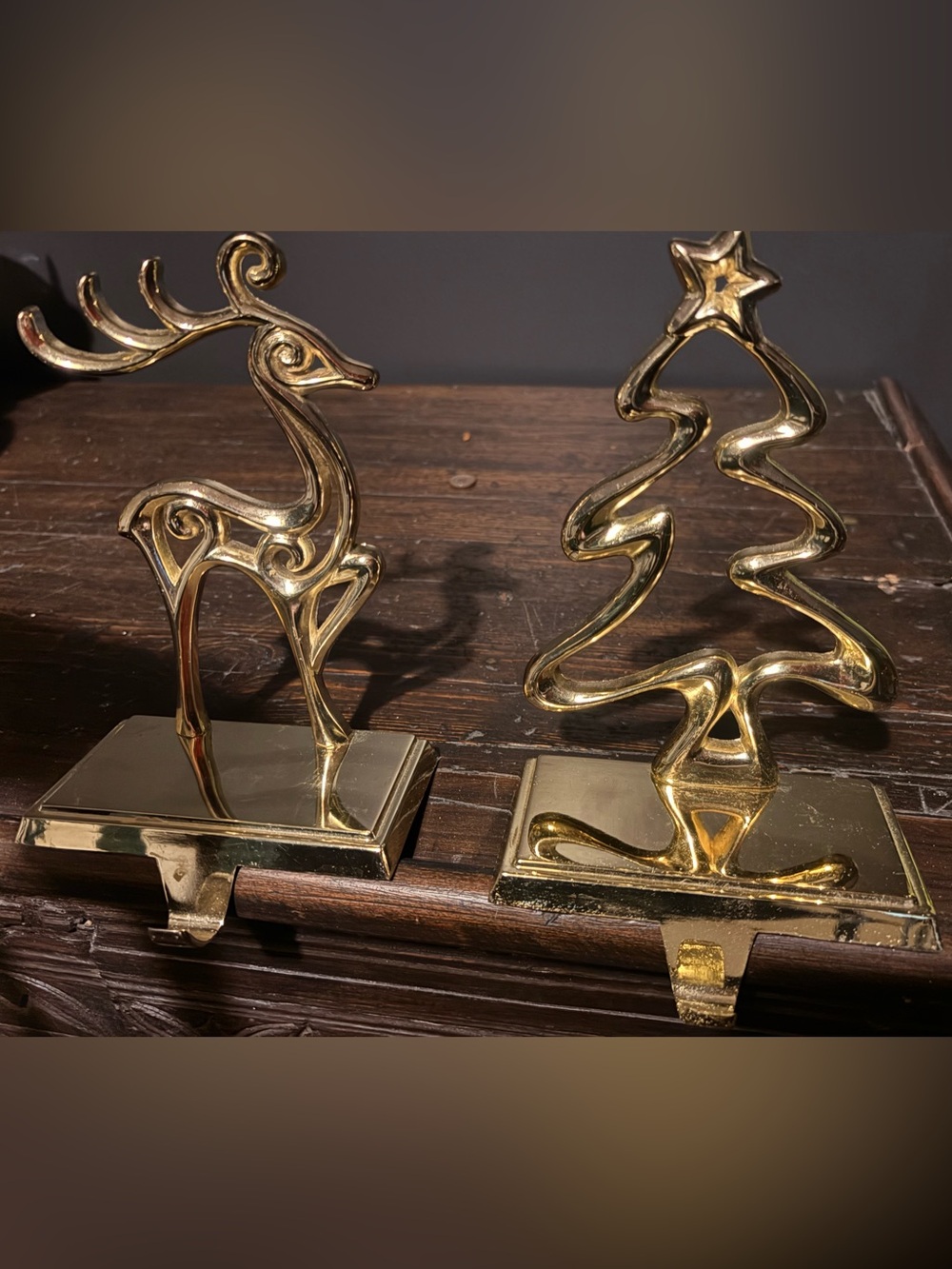 Vintage Gold Brass Christmas Stocking Holders - Set of 2 (Reindeer & Tree